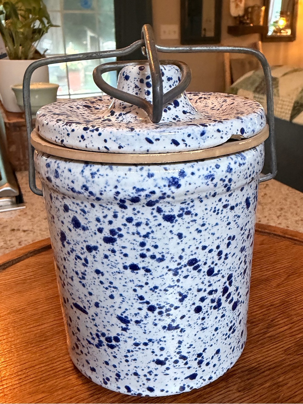 Vintage Blue Speckled Ceramic Crock with Metal Handle